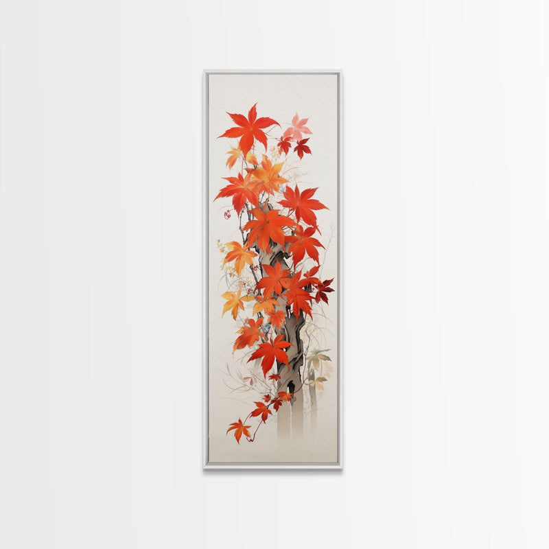 Brilliant Red Leaves On A Twisted Tree, Framed Canvas Print In Skinny Tall Style, Ideal For Feng Shui Wall Art In Japanese Style Art