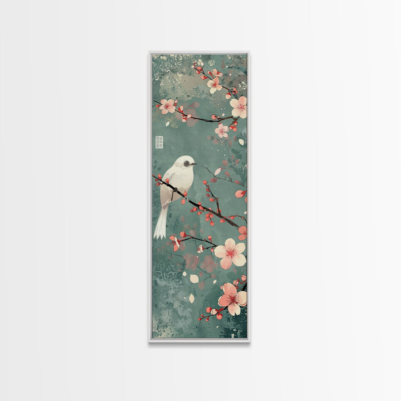 White Bird Perched On A Branch With Blossoms â€“ Framed Canvas Print Combining Skinny Art And Tall Art Inspired By Ukiyo-E Art And Japanese Style Art