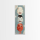 Japanese Masks In A Vertical Display - Skinny Art Tall Art Framed Canvas Print Japanese Style Art Ukiyo-e Art