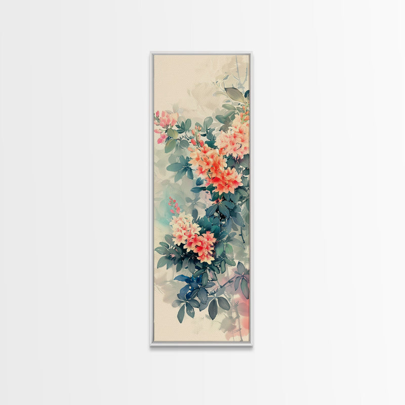 Azalea Blossoms Skinny Art Tall Art Japanese Ukiyo-e Inspired Floral Framed Canvas Print for Elegant and Timeless Decor