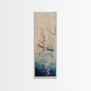 Sailboats On Calm Sea Canvas In Japanese Ukiyo-e Style, Traditional Woodblock Print, Framed Canvas Print, Tall Skinny Japanese Wall Art, Ready To Hang