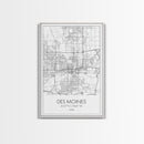 Des Moines Street Map, Iowa Map, City Map Art, Minimalist Art, Wall Art, Canvas Print, Girlfriend Gift, Travel Wall Art, Dorm Room Art