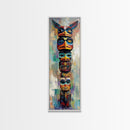 Totem Pole Framed Canvas Print tribal art rustic decor abstract painting blue and green wall art moody art tall narrow art unique wall art