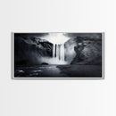 Powerful Waterfall Mist, nature wall art, moody art, mountain painting, black and white photography, dramatic landscape, framed canvas print