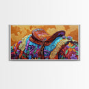Western Saddle, cowboy art, rustic western decor, saddle painting, framed canvas print, boho art, extra wide art, gift idea him
