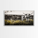 Longhorn Cattle, rustic wall art, farmhouse art, black cowgirl painting, extra wide art, framed canvas print, panoramic painting