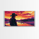 Cowboy Silhouette, Western Art, Southwest Wall Art, Rustic Decor, Moody Art, Framed Canvas Print, Gift Idea, Panoramic Art, Horizontal Wall Art