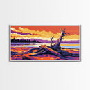 Driftwood Beach Scene, coastal landscape art, nautical painting, rustic wall art, ocean sunset art, panoramic art, framed canvas print