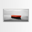 Lone Red Boat, coastal wall art, seascape painting, nautical decor, minimalist art, black and white photography, above couch art, Framed Canvas Print