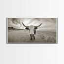 Longhorn, beach, western decor, rustic art, farmhouse art, extra wide art, above sofa art, panoramic painting, framed canvas print