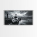 Fishing boat, nautical decor, coastal painting, rustic art, panoramic painting, extra wide art, above sofa art, framed canvas print
