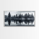 Pine tree reflection, moody art, mountain painting, pine tree art, rustic decor, panoramic art, extra wide art, framed canvas print