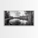 Lake reflection, pine tree art, landscape painting, wabi sabi art, rustic decor, panoramic painting, extra wide art, framed canvas print