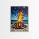 Beach Bonfire, coastal painting, moody art, seascape painting, coastal decor, nautical painting, original painting, framed canvas print