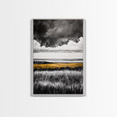 Moody Landscape, dramatic clouds, black and white, gold fields, panoramic art, rustic decor, framed canvas print, extra wide art