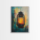 Lantern Glow, moody art, rustic decor, farmhouse art, warm light painting, southwest wall art, wabi sabi art, Framed Canvas Print