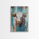 Rustic Cow Portrait, farmhouse art, rustic wall art, blue and green wall art, textured oil painting, canvas print, gift idea, wabi sabi art