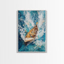 Wooden Boat in Waves, nautical painting, coastal decor, ocean waves art, seascape painting, framed canvas print, living room art, rustic art