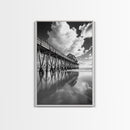 Pier reflection, seascape painting, nautical decor, rustic wall art, black and white photography, extra wide art, framed canvas print