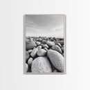Stone beach, coastal landscape art, black and white art, wabi sabi wall art, minimalist art, nature photography, framed canvas print