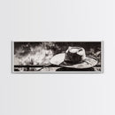 Western Hat Art, Black and White Art, Framed Canvas Print, Rustic Wall Art, Wabi Sabi Art, Extra Wide Art, Minimalist Art