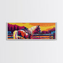 Western horse, saddle, cowboy, sunset, rustic wall art, panoramic art, framed canvas print, extra wide art, horse wall art