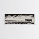 Stormy Wagon, black and white art, moody western painting, rustic decor, farmhouse wall art, extra wide panoramic art, framed canvas print.