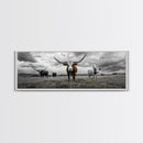 Texas Longhorns, Bull and Bear Art, Rustic Wall Art, Moody Art, Extra Wide Art, Framed Canvas Print, Horizontal Wall Art, Gift Idea