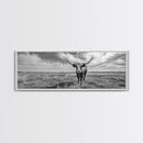 Texas Longhorn, Rustic Wall Art, Canvas Print, Farmhouse Art, Western Decor, Above Bed Art, Extra Wide Art, Moody Black And White Art