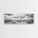 Longhorn Skull, skull art, western wall art, rustic decor, moody art, desert painting, farmhouse art, panoramic art, framed canvas print