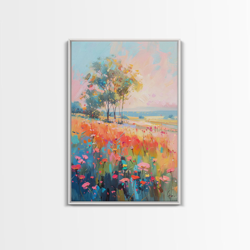 Blossoming Meadow with Trees - Framed Canvas Print, Peaceful Living Room Art, Serene Bedroom Decor, Vibrant Flower Art, Wall Art