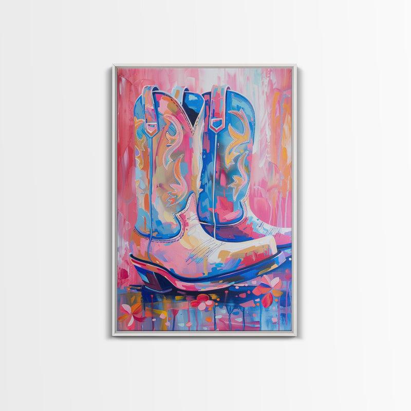 Blue and Pink Cowboy Boots with Floral Background - Framed Canvas Print, Rustic Western Wall Art, Vibrant Boot Art for Home Decor