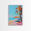 Palm Trees and Sun Loungers on Tropical Beach - Framed Canvas Print, Vacation Paradise Art, Beach Decor for Living Room