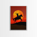 Cowboy Silhouette on Horseback at Sunset | Framed Canvas Print | Western Landscape Art | Rustic Cowboy Wall Art for Living Room