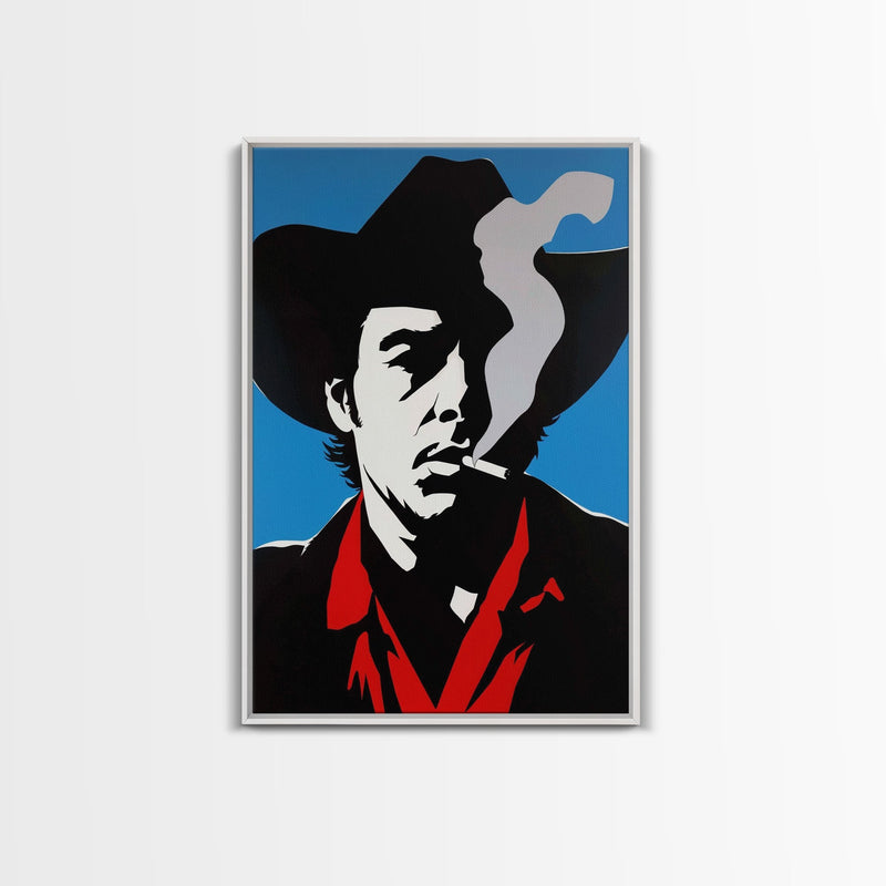 Bold Cowboy Smoking Silhouette Framed Canvas Print - Modern Western Decor, Unique Wall Art for Living Room, Bedroom Artwork