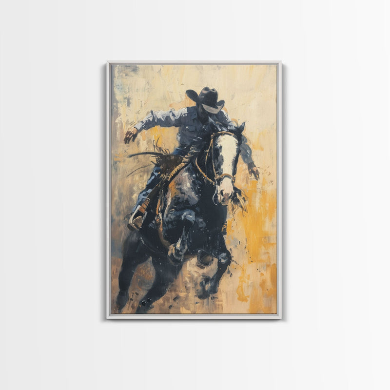 Action-Packed Cowboy on Horseback - Framed Canvas Print, Western Wall Art, Rustic Decor, Living Room and Bedroom Art Print