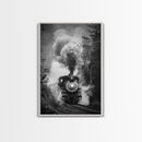 Steam Locomotive in the Forest Black and White Photography - Framed Canvas Print, Railroad Art, Vintage Train Wall Art for Home