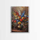 Bold Flower Bouquet Art on Dark Background - Framed Canvas Print, Vibrant Floral Wall Art for Living Room, Modern Artwork, Flower Decor