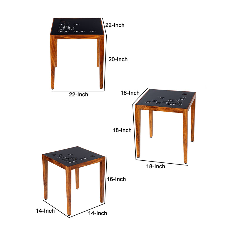 Alba 22 Inch 3 Piece Nesting Table Set, Laser Cut Metal, Black, Brown