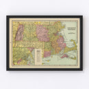 Vintage Map of Massachusetts & Rhode Island 1909