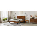 Mid-Century Modern Solid Wood Bed Frame Queen Size Platform Bed with Six-Piece Headboard Design, No Box Spring Needed, Brown