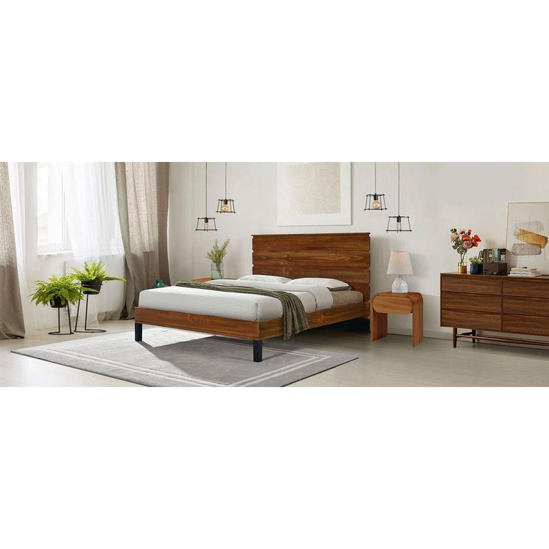 Mid-Century Modern Solid Wood Bed Frame Queen Size Platform Bed with Six-Piece Headboard Design, No Box Spring Needed, Brown