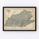 Vintage Map of Kentucky & Tennessee 1842