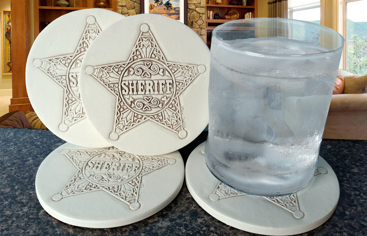 Sheriff Drink Coasters, installed in a room