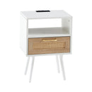 15.75" Rattan End Table With Power Outlet & USB Ports, Modern Nightstand With Drawer And Solid Wood Legs, Side Table For Living Room, Bedroom by HouseOfZazla