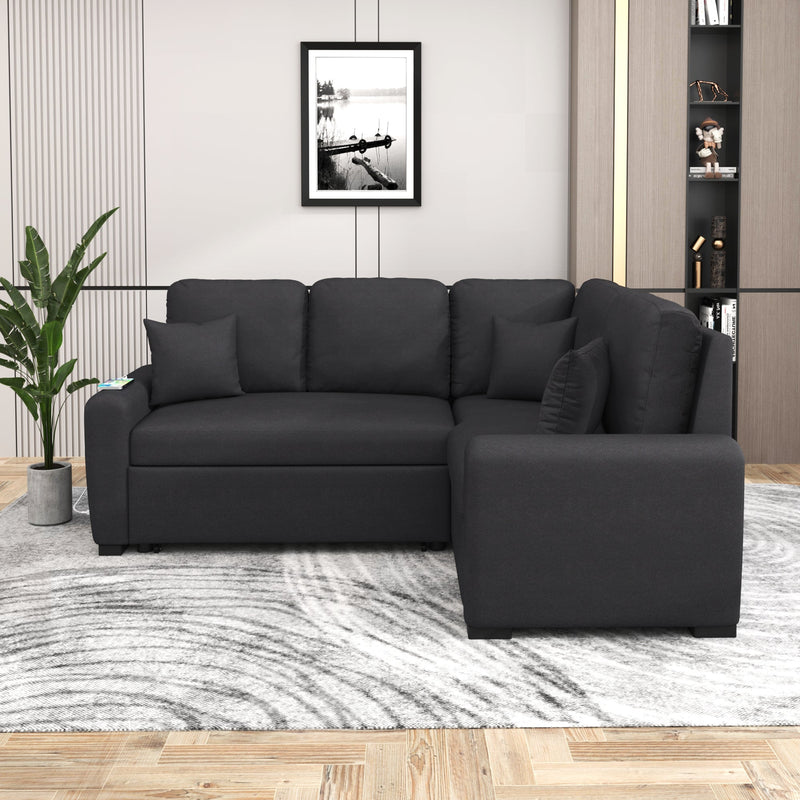 87.4"Sectional Sleeper Sofa with USB Charging Port and Plug Outlet,Pull-Out Sofa Bed with 3 Pillows, L-Shape Chaise for Living Room Small Apartment,Black