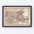 Vintage Map of Massachusetts & Rhode Island 1861
