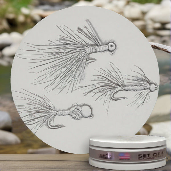 Fly Lure Drink Coasters, installed in a room
