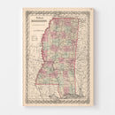 Vintage Map of Mississippi 1861