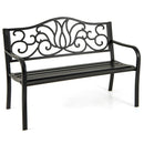 50 Inches Outdoor Garden Bench with Floral Design Backrest and Slatted Seat-Black by LJGDeals